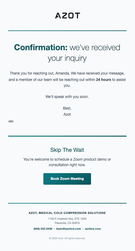 Automated confirmation email sent to client