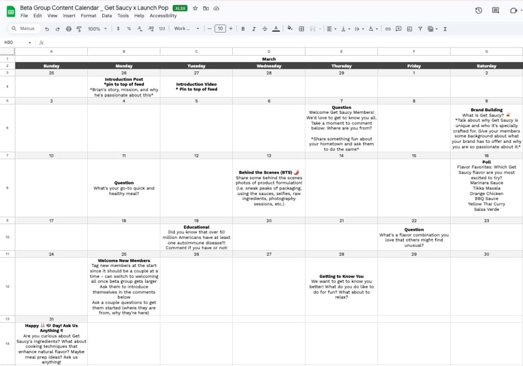 Get Saucy beta group content calendar